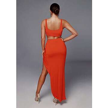 SAFRISIOR Women’s Sexy Crop Tank Top Bodycon Twist Side Split Long Skirts 2 Pieces Dress Two Piece Outfits