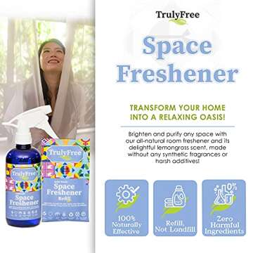 Truly Free Space Freshener Starter Kit, Lemongrass Essential Oil - Car and Air Fresheners for Home, Natural Odor Eliminator Room Spray, 16oz Spray Bottle, 1 Refill (3.4oz) No Synthetic Fragrances