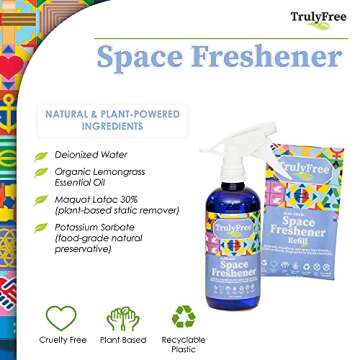 Truly Free Space Freshener Starter Kit, Lemongrass Essential Oil - Car and Air Fresheners for Home, Natural Odor Eliminator Room Spray, 16oz Spray Bottle, 1 Refill (3.4oz) No Synthetic Fragrances