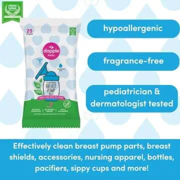 Breast Pump Wipes by Dapple Baby, Hypoallergenic & Powered by Plants, Removes Milk Residue, Leaves No Taste, Convenient Wipes Pouch, Fragrance Free, 25 Count (Pack of 2)