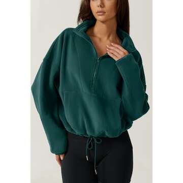 QINSEN Pullover Sweatshirt for Women Fleece Half Zip Drawstring Cropped Tops Thick Sherpa Windbreaker Forest Green M