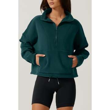QINSEN Pullover Sweatshirt for Women Fleece Half Zip Drawstring Cropped Tops Thick Sherpa Windbreaker Forest Green M
