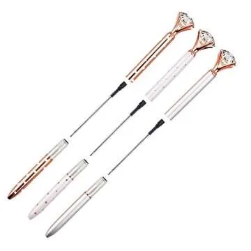 LONGKEY 3PCS Big Crystal Diamond Ballpoint Pen Bling Metal Ballpoint PenOffices and schools, silver/White With Polka Dots/Rose Gold With Polka Dots, Includes 3 Pen Refills
