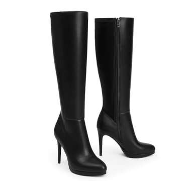 Modatope Black Pu Knee-High Boots, Women's Size 9: Combat Stiletto Heels, Round Toe, Zipper, Breatha...