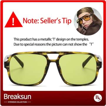 Breaksun Retro Aviator Sunglasses for Women Men Trendy Classic 70s Square Aviator Sun Glasses Vintag...