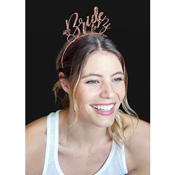 Bride to be gifts - BRIDAL GRADE SATIN Rose Gold Glam Bride to Be White Sash & Headband Set - Wedding Kit, Bridal Gift Set Glam(B2B & HB RsGld) WHT