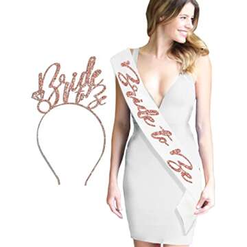 Bride to be gifts - BRIDAL GRADE SATIN Rose Gold Glam Bride to Be White Sash & Headband Set - Wedding Kit, Bridal Gift Set Glam(B2B & HB RsGld) WHT