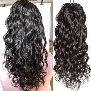 WENYU Natural Wave Human Hair Drawstring Ponytail For Black Women 8A Brazilian Natural Curly Clip In Long Ponytail Extension Human Hair Pieces Natural Water Wave Wet and Wavy Natural Black 12 Inch100g
