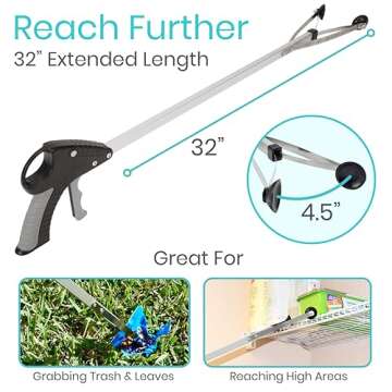 Vive Suction Cup Grabber Reacher 32" - Elderly Grab It Reaching Pickup Tool Heavy Duty for Seniors - Trash, Sticks, Litter Picker Upper - Extra Long Reach Handle & Handy Extension Arm Claw