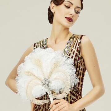 BABEYOND Vintage Bridal Feather Bouquet 1920s Ostrich Feather Fan Crystal Bridesmaid Bouquet 20s Gat...