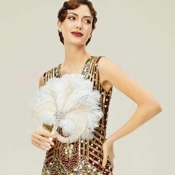 BABEYOND Vintage Bridal Feather Bouquet 1920s Ostrich Feather Fan Crystal Bridesmaid Bouquet 20s Gatsby Wedding Bouquet Flapper Accessories (White)