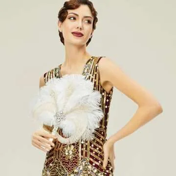 BABEYOND Vintage Bridal Feather Bouquet 1920s Ostrich Feather Fan Crystal Bridesmaid Bouquet 20s Gatsby Wedding Bouquet Flapper Accessories (White)