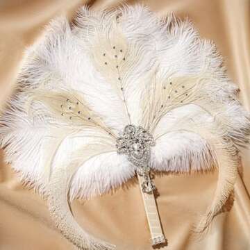 BABEYOND Vintage Bridal Feather Bouquet 1920s Ostrich Feather Fan Crystal Bridesmaid Bouquet 20s Gatsby Wedding Bouquet Flapper Accessories (White)
