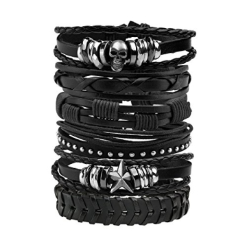 MILAKOO Punk Goth Leather Bracelets with Adjustable Skull Cuff for Rocker Style