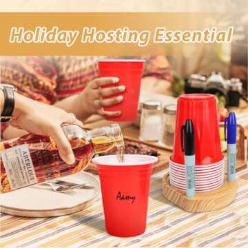 Party Cup Holder with Marker Slot | Mark Your Cup and Drink Up Cup Holder | Holiday Hosting Essential | Wooden Cup Organizer | Plastic/Paper Cup Dispenser | Fits Variety of Disposable Cup Sizes (1)