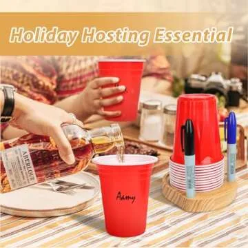 Party Cup Holder with Marker Slot | Mark Your Cup and Drink Up Cup Holder | Holiday Hosting Essential | Wooden Cup Organizer | Plastic/Paper Cup Dispenser | Fits Variety of Disposable Cup Sizes (1)