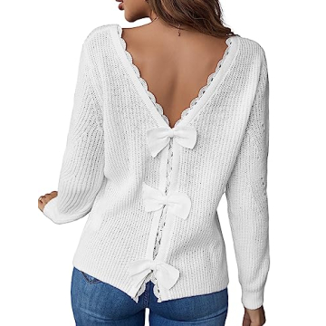 Bairmild Women's Lace Trim V Neck Knit Sweater Long Sleeve Bow Back Eyelet Sweatshirt Hollow Out Vin...