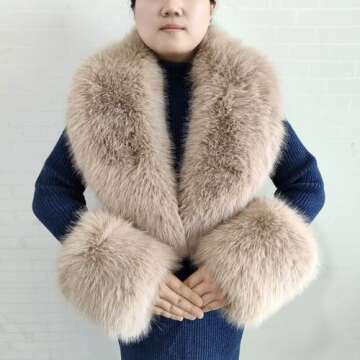 Eosxrp Faux Fur Collar Cuffs Set Warm Fake Fur Scarf Winter Women Fluffy Large Shawl Furry Scarves (...