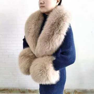 Eosxrp Faux Fur Collar Cuffs Set Warm Fake Fur Scarf Winter Women Fluffy Large Shawl Furry Scarves (khaki-set), 02