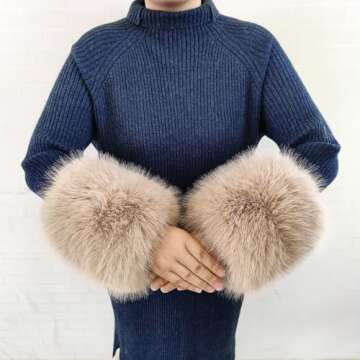 Eosxrp Faux Fur Collar Cuffs Set Warm Fake Fur Scarf Winter Women Fluffy Large Shawl Furry Scarves (khaki-set), 02