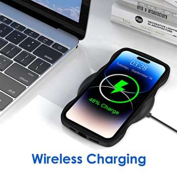 Anuck for iPhone 14 Pro Case Wave, Curly Frame Design for Women Girls, Cute Wavy Solid Color Aesthetic Phone Case Soft Flexible TPU Shockproof Full-Body Protective Cover 6.1 inch - Black