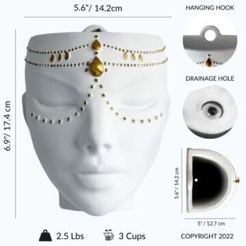 Bossa Linda Head Planter - Indoor & Outdoor Home Decor Gifts for Plant Lovers - for Flat Surface or Wall Mount - Unique Face Planter for Flowers, Succulents, & More (7 inch, Serena Design, White)