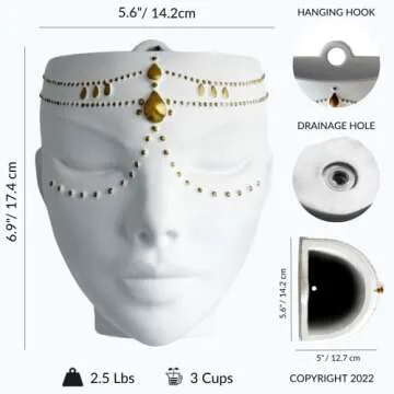 Bossa Linda Head Planter - Indoor & Outdoor Home Decor Gifts for Plant Lovers - for Flat Surface or Wall Mount - Unique Face Planter for Flowers, Succulents, & More (7 inch, Serena Design, White)