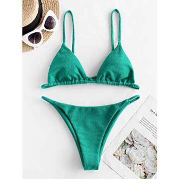 ZAFUL Women's Textured Tie String Bikini Swimwear Triangle Smocked Bikini Cheeky Brazilian Swimsuits