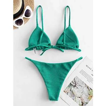 ZAFUL Women's Textured Tie String Bikini Swimwear Triangle Smocked Bikini Cheeky Brazilian Swimsuits