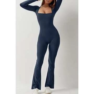 QINSEN Flare Jumpsuits for Women Long Sleeve Square Neck Bodycon Full Length Casual Unitard Playsuit Navy Blue S