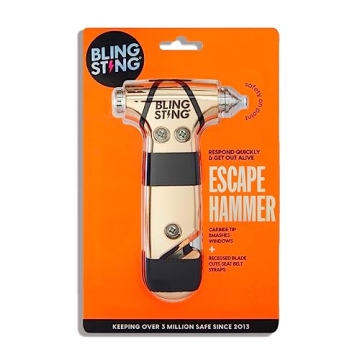 BLINGSTING Safety Hammer - Emergency Automotive Escape Tool with Window Breaker, Seat Belt Cutter & Adjustable Car Visor Strap - Tempered Glass Breaker - Steel Blade - Rose Gold (1 Count)