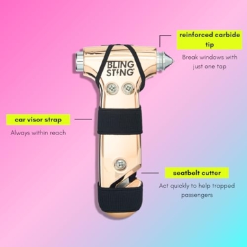 BLINGSTING Safety Hammer - Emergency Automotive Escape Tool with Window Breaker, Seat Belt Cutter & Adjustable Car Visor Strap - Tempered Glass Breaker - Steel Blade - Rose Gold (1 Count)