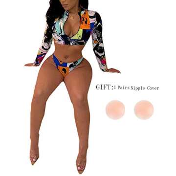 SIAEAMRG Long Sleeve Swimsuit for Women, 2 Pieces Sexy High Waisted Triangle Bikini Bathing Suits, 3D Print Tankini Swimwear (C-Blue, S)