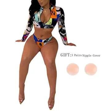 SIAEAMRG Long Sleeve Swimsuit for Women, 2 Pieces Sexy High Waisted Triangle Bikini Bathing Suits, 3D Print Tankini Swimwear (C-Blue, S)