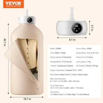 VEVOR Portable Clothes Dryer, Clothes Dryer with Dryer Bag, PTC Heating & LED Display, Foldable Mini Dryer with 5-H Timer for Apartments, Dorms, RVs, or Hotels, 600W, Beige