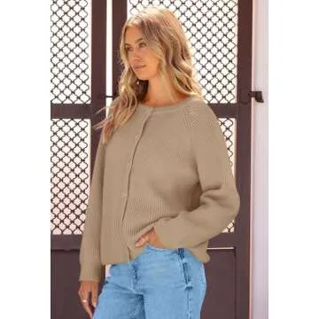 MEROKEETY Women's 2024 Long Sleeve Cardigan Sweater Crew Neck Button Ribbed Open Front Knit Outerwear, LightKhaki, L