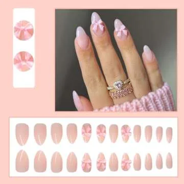 Cute Press on Nails with Bow Charm Designs Cute Pink Fake Nails Medium Almond Shaped Acrylic Nails Gloss False Nails Reusable Glue on Nails for Women Girls