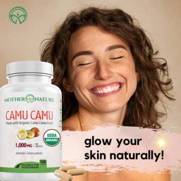 Organic Vitamin C from Camu Camu Capsules 1,000mg, Packed with Natural VIT C, Raw Antioxidants - Immune Support Supplement & Anti-Aging for Skin - Powder Organic, Vegan, Non-GMO (120 Count)