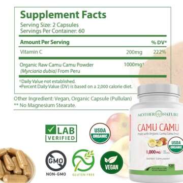 Organic Vitamin C from Camu Camu Capsules 1,000mg, Packed with Natural VIT C, Raw Antioxidants - Immune Support Supplement & Anti-Aging for Skin - Powder Organic, Vegan, Non-GMO (120 Count)