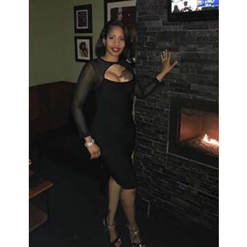 Maketina Women Midi Length Cut Out Keyhole Party Bodycon Bandage Dress with Transparent Long Sleeves Black XS