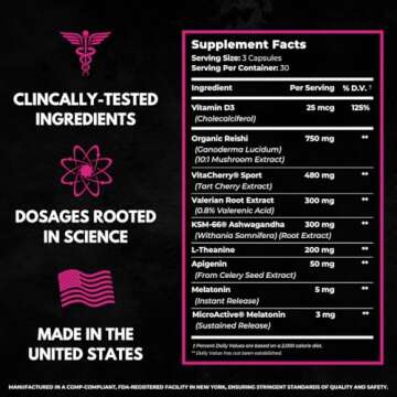 8-IN-1 All-Natural Sleep Aid Supplement for Recovery, Immunity, & Sleep Support | Organic Reishi & Valerian Root | Ashwagandha Root & VitaCherry Sport | Apigenin & L-Theanine | Melatonin & Vitamin D3
