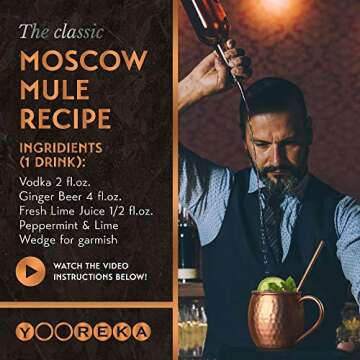 Yooreka Gift Set Moscow Mule Mugs Set Of 4 16 oz Solid Cooper, 100% Pure Copper Cups HANDCRAFTED, BONUS 4 Straws, 4 Wood Coasters, Stirring Spoon, Shot Glass and Cleaning brush (Oval)