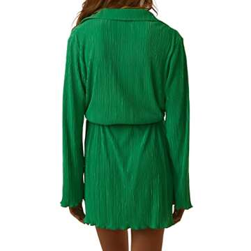 LYANER Women's Collar V Neck Button Down Pleated Long Sleeve Mini Shirt Dress with Belt Green Small
