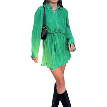 LYANER Women's Collar V Neck Button Down Pleated Long Sleeve Mini Shirt Dress with Belt Green Small