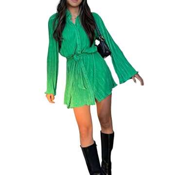 LYANER Women's Collar V Neck Button Down Pleated Long Sleeve Mini Shirt Dress with Belt Green Small