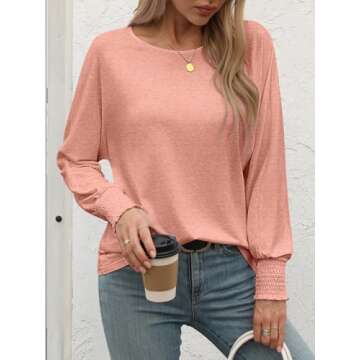 ATHMILE Fashion Cute Scoop Neck Tops Outfits Fall Blouses for Women Puff Sleeve Shirts Pink Tops Flowy 2025 Trendy Solid Color T Shirts