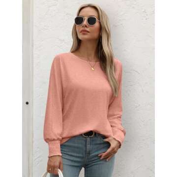 ATHMILE Fashion Cute Scoop Neck Tops Outfits Fall Blouses for Women Puff Sleeve Shirts Pink Tops Flowy 2025 Trendy Solid Color T Shirts