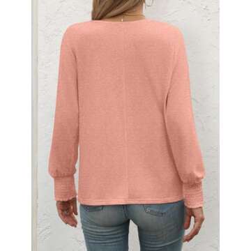 ATHMILE Fashion Cute Scoop Neck Tops Outfits Fall Blouses for Women Puff Sleeve Shirts Pink Tops Flowy 2025 Trendy Solid Color T Shirts