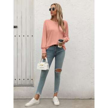 ATHMILE Fashion Cute Scoop Neck Tops Outfits Fall Blouses for Women Puff Sleeve Shirts Pink Tops Flowy 2025 Trendy Solid Color T Shirts