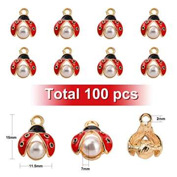 LiQunSweet 100 Pcs Enamel Ladybug Charms Mini Flying Animal Ladybirds Beetle Insect Charm with Faux Pearl Bulk for Jewelry Making DIY Findings